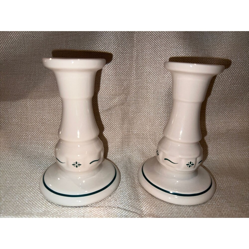 2 Longaberger Pottery candlesticks Classic Green Woven Traditions 5" Ceramic USA
